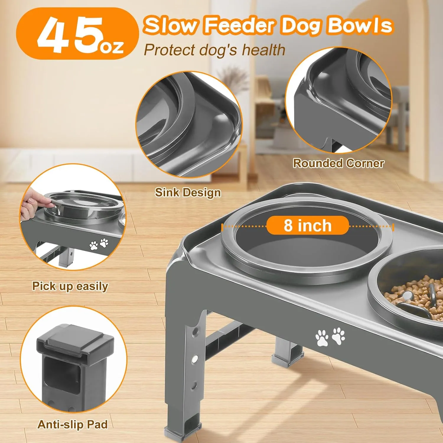 Elevated 2-in-1 Dog Feeder - Adjustable Raised Dog Bowl Stand with Non-Slip Slow Feeder & Water Bowl for Medium Large Dogs, Grey