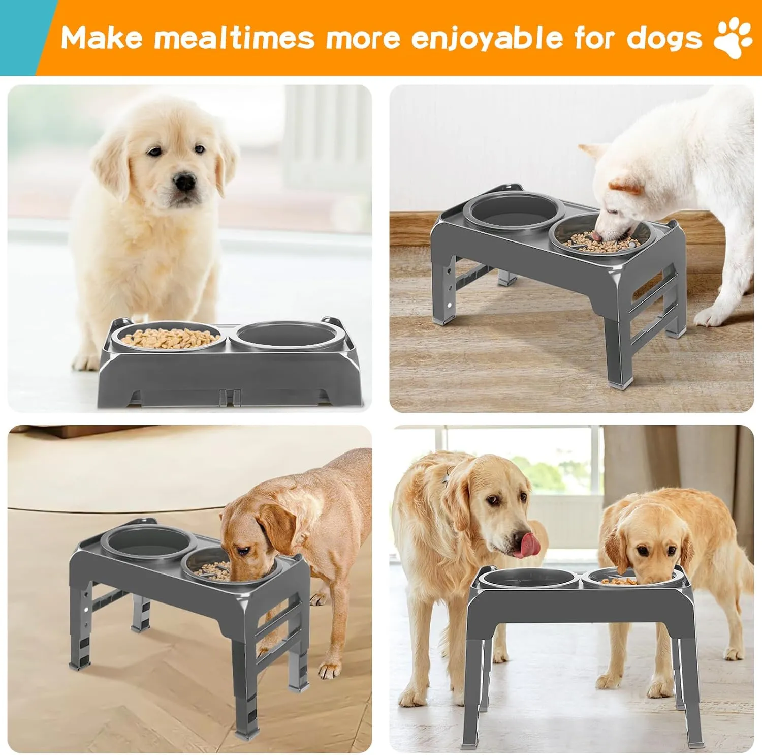 Elevated 2-in-1 Dog Feeder - Adjustable Raised Dog Bowl Stand with Non-Slip Slow Feeder & Water Bowl for Medium Large Dogs, Grey