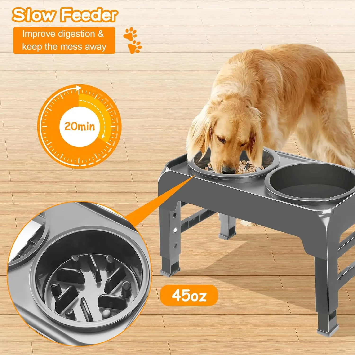 Elevated 2-in-1 Dog Feeder - Adjustable Raised Dog Bowl Stand with Non-Slip Slow Feeder & Water Bowl for Medium Large Dogs, Grey