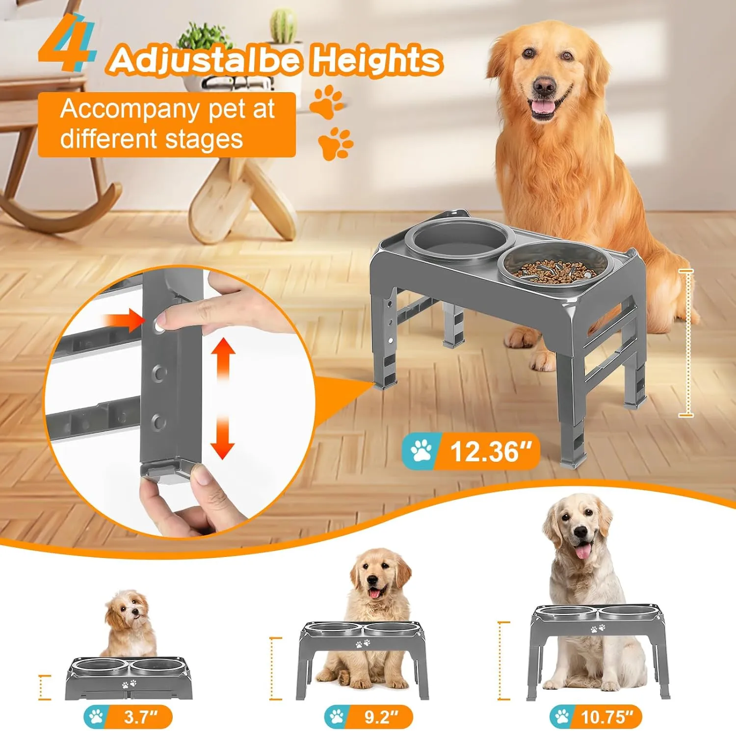 Elevated 2-in-1 Dog Feeder - Adjustable Raised Dog Bowl Stand with Non-Slip Slow Feeder & Water Bowl for Medium Large Dogs, Grey