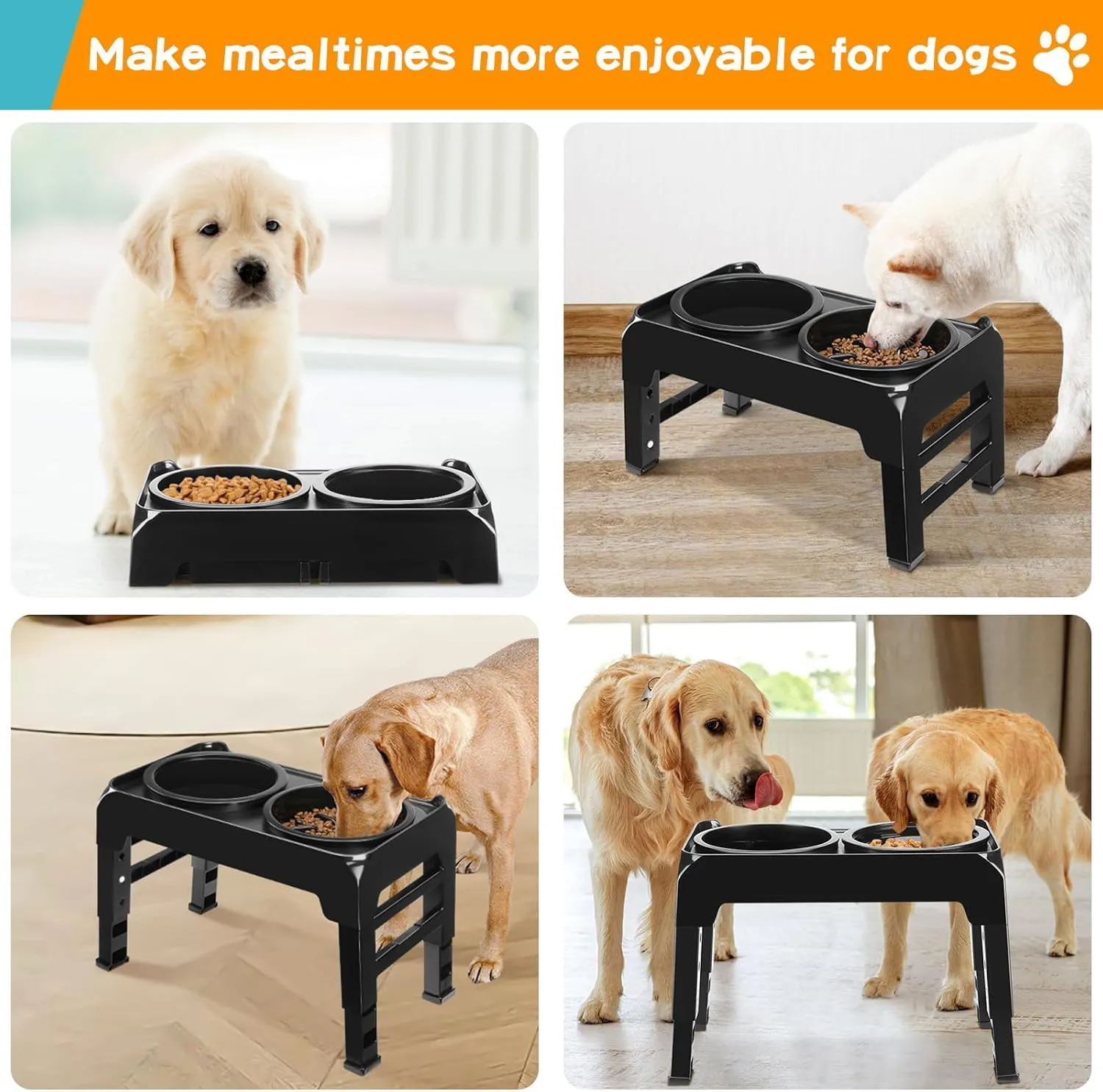 Elevated 2-in-1 Dog Feeder With Slow Feeder and Water Bowl, 4 Heights Adjustable Raised Stand, Non-Slip Food Bowl for Medium Large Dogs, Black