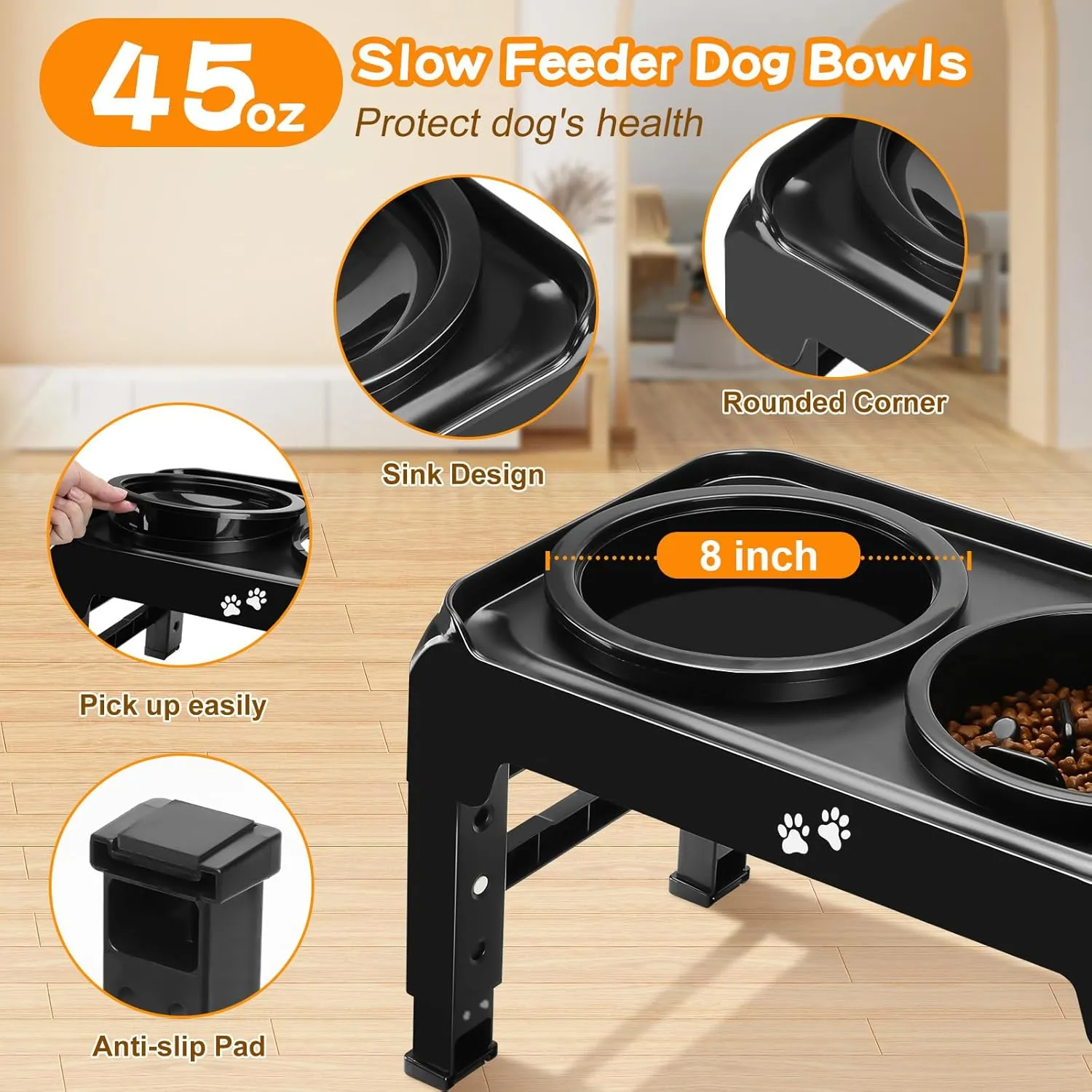 Elevated 2-in-1 Dog Feeder With Slow Feeder and Water Bowl, 4 Heights Adjustable Raised Stand, Non-Slip Food Bowl for Medium Large Dogs, Black