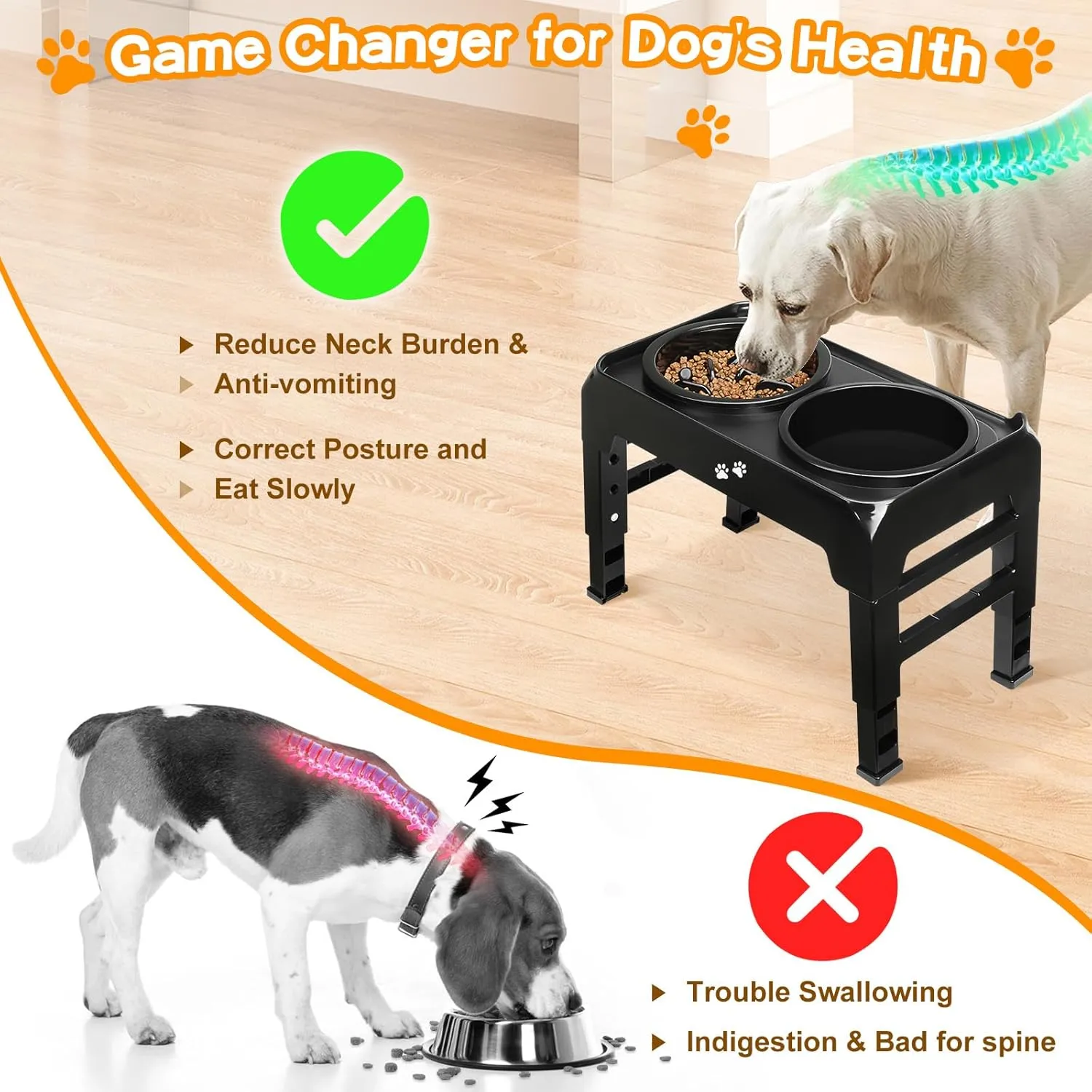 Elevated 2-in-1 Dog Feeder With Slow Feeder and Water Bowl, 4 Heights Adjustable Raised Stand, Non-Slip Food Bowl for Medium Large Dogs, Black