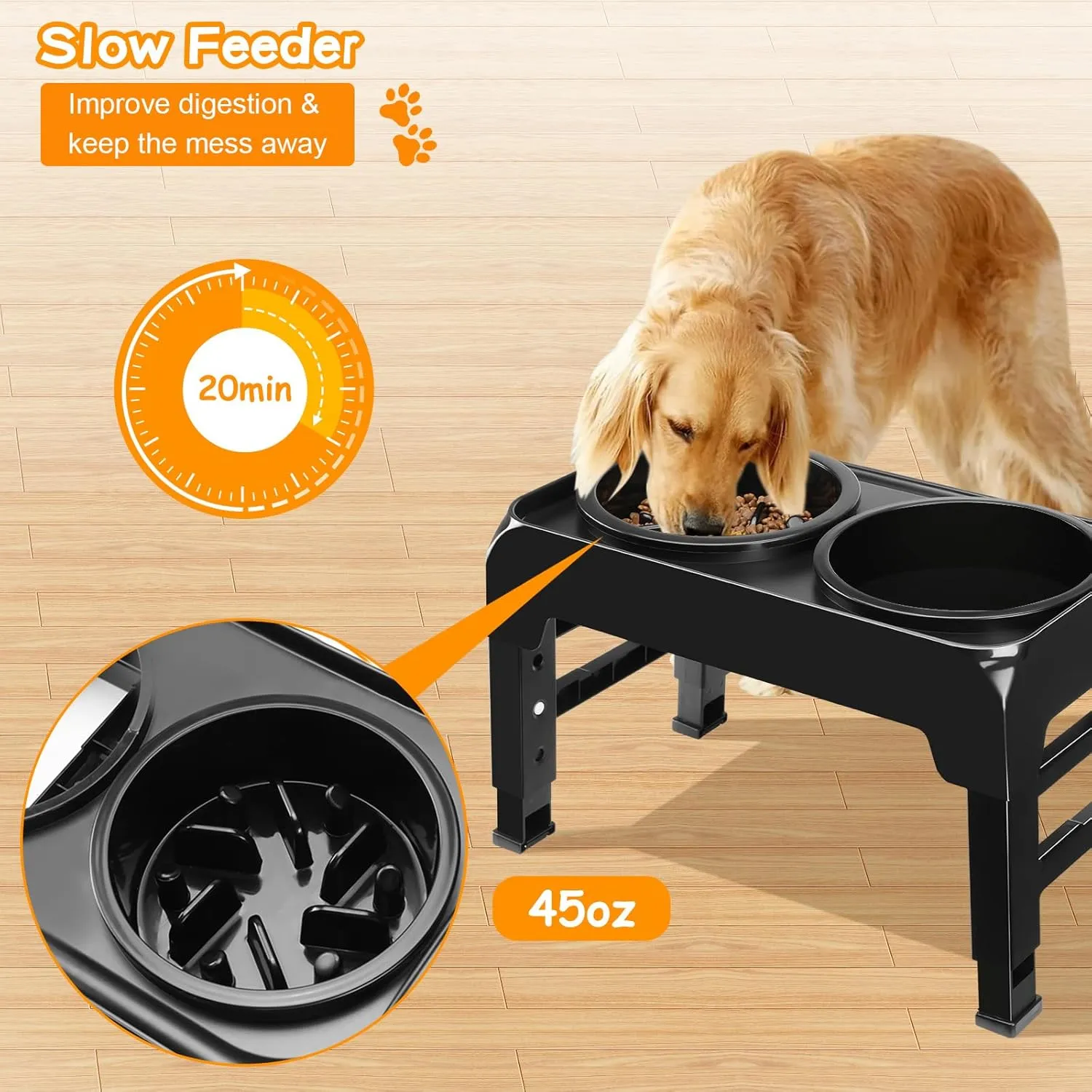 Elevated 2-in-1 Dog Feeder With Slow Feeder and Water Bowl, 4 Heights Adjustable Raised Stand, Non-Slip Food Bowl for Medium Large Dogs, Black