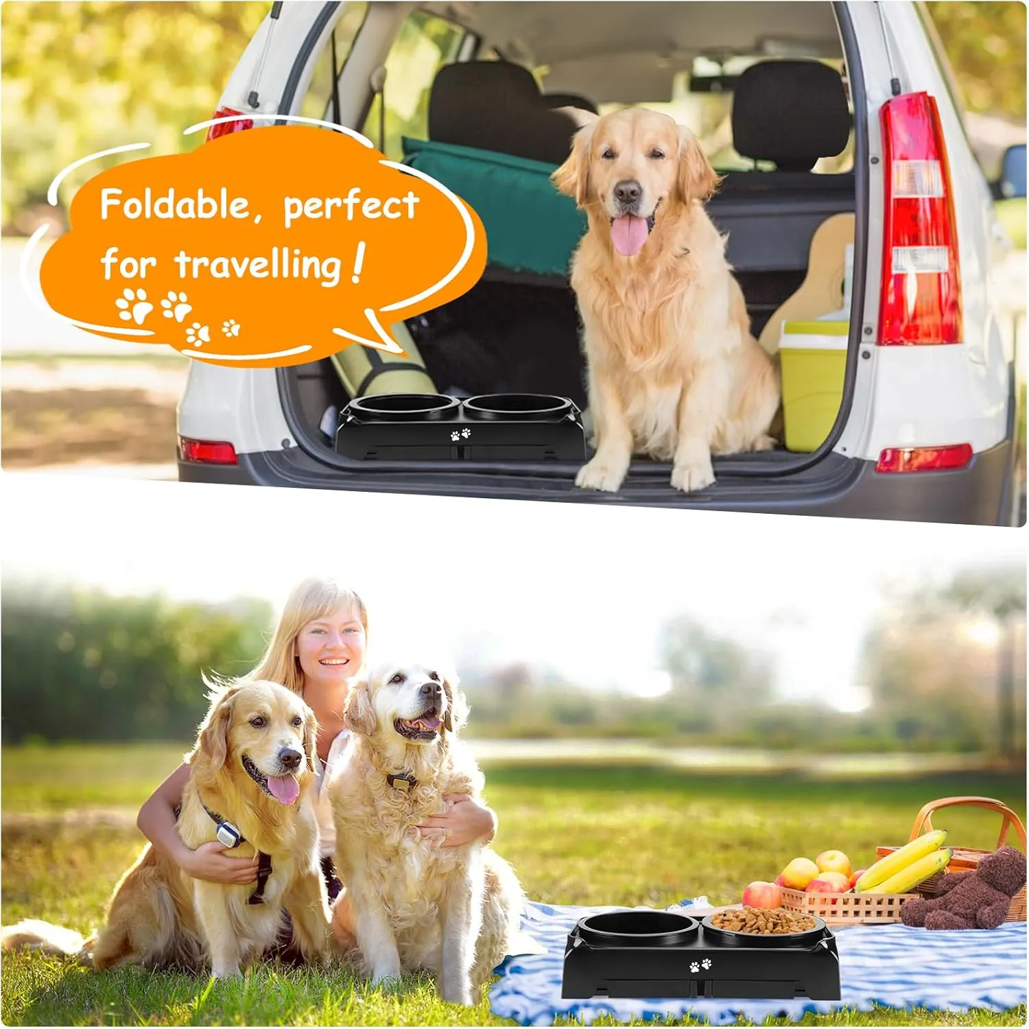 Elevated 2-in-1 Dog Feeder With Slow Feeder and Water Bowl, 4 Heights Adjustable Raised Stand, Non-Slip Food Bowl for Medium Large Dogs, Black