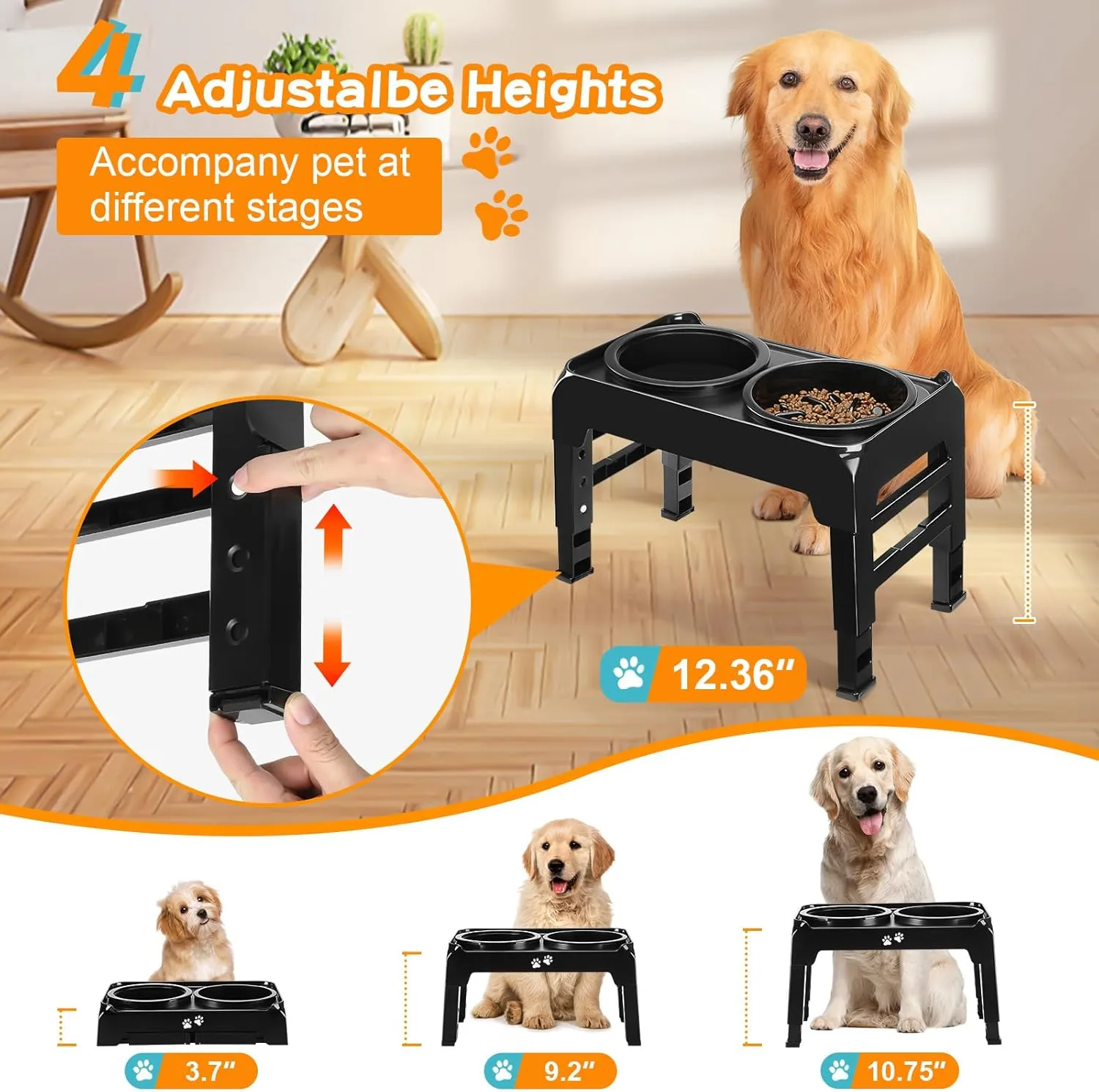 Elevated 2-in-1 Dog Feeder With Slow Feeder and Water Bowl, 4 Heights Adjustable Raised Stand, Non-Slip Food Bowl for Medium Large Dogs, Black