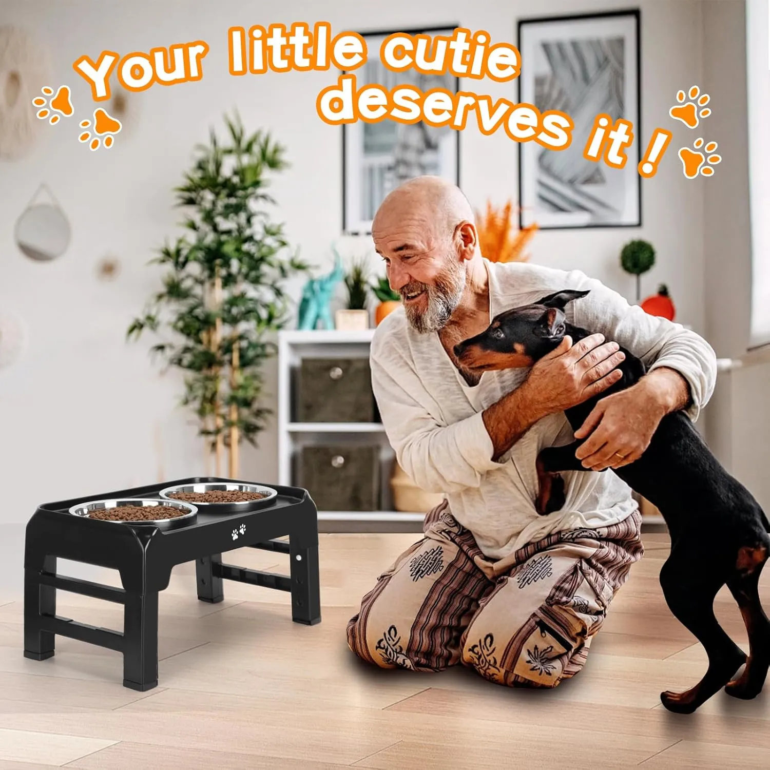 Elevated Dog Bowls, 4 Height Adjustable Raised Bowl Stand with 2 Thick 50oz Stainless Steel Food Bowls Non-Slip Feeder Adjusts to 3.7'', 9.2'', 10.75'', 12.36'' Black, (DB-W01)