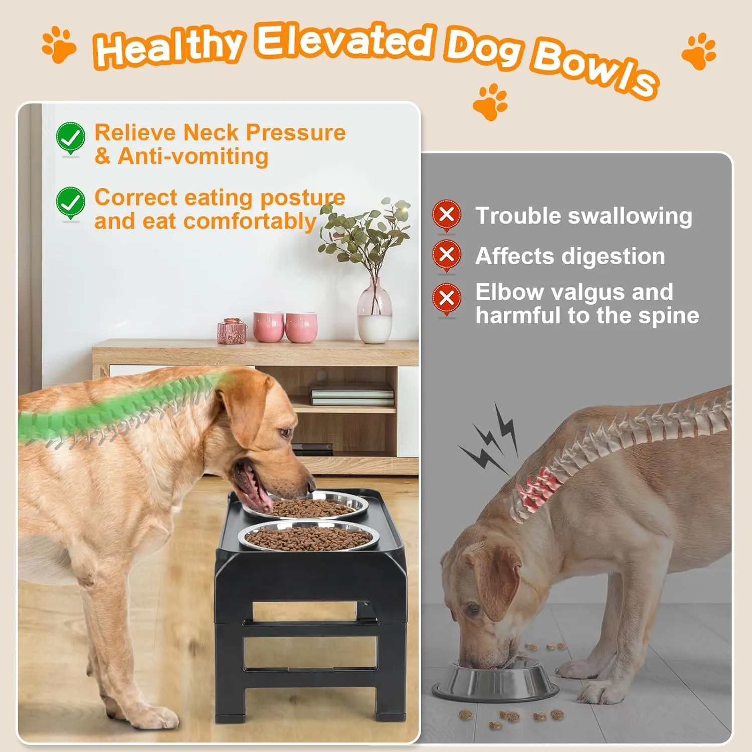 Elevated Dog Bowls, 4 Height Adjustable Raised Bowl Stand with 2 Thick 50oz Stainless Steel Food Bowls Non-Slip Feeder Adjusts to 3.7'', 9.2'', 10.75'', 12.36'' Black, (DB-W01)