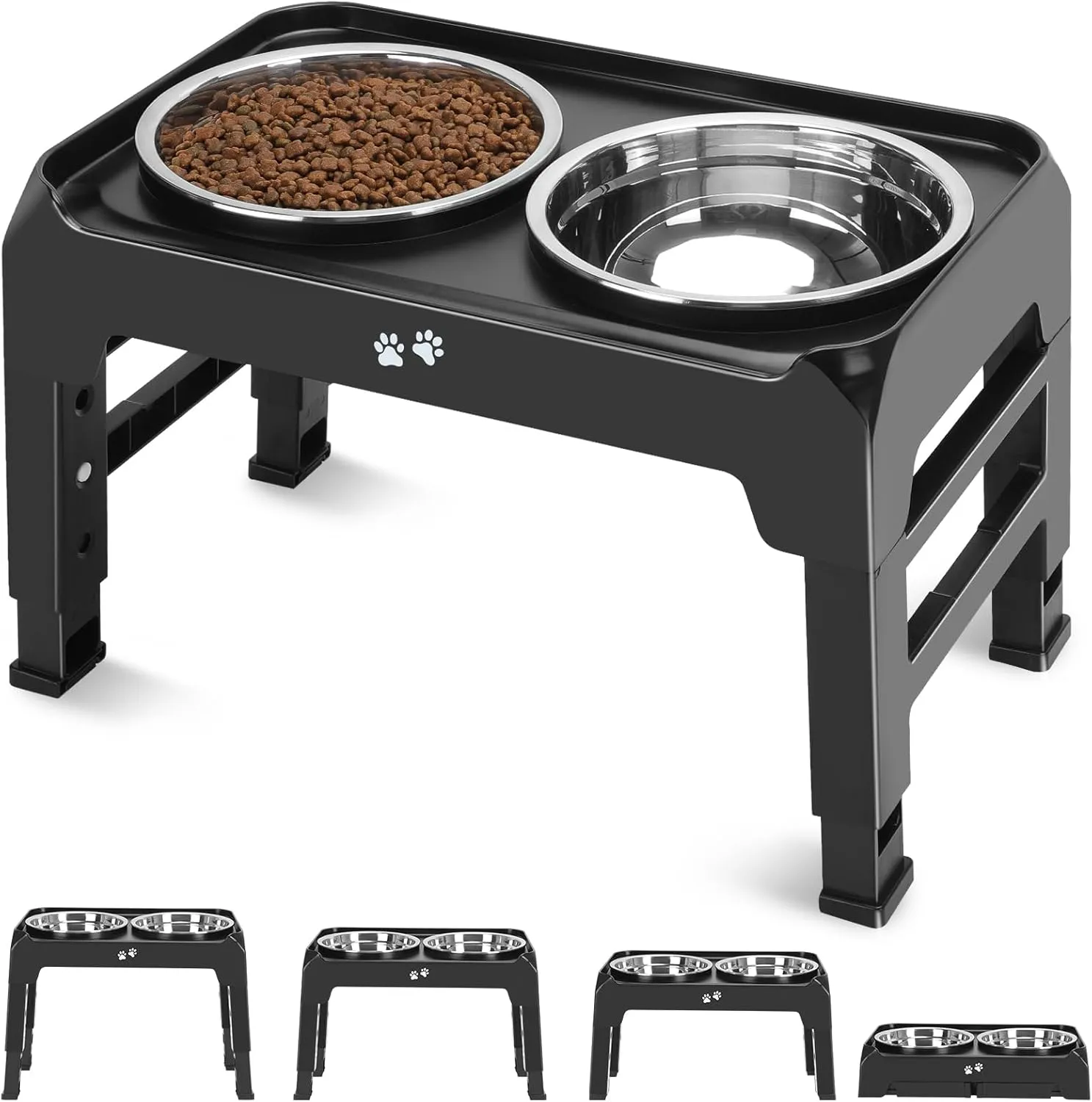 Elevated Dog Bowls, 4 Height Adjustable Raised Bowl Stand with 2 Thick 50oz Stainless Steel Food Bowls Non-Slip Feeder Adjusts to 3.7'', 9.2'', 10.75'', 12.36'' Black, (DB-W01)