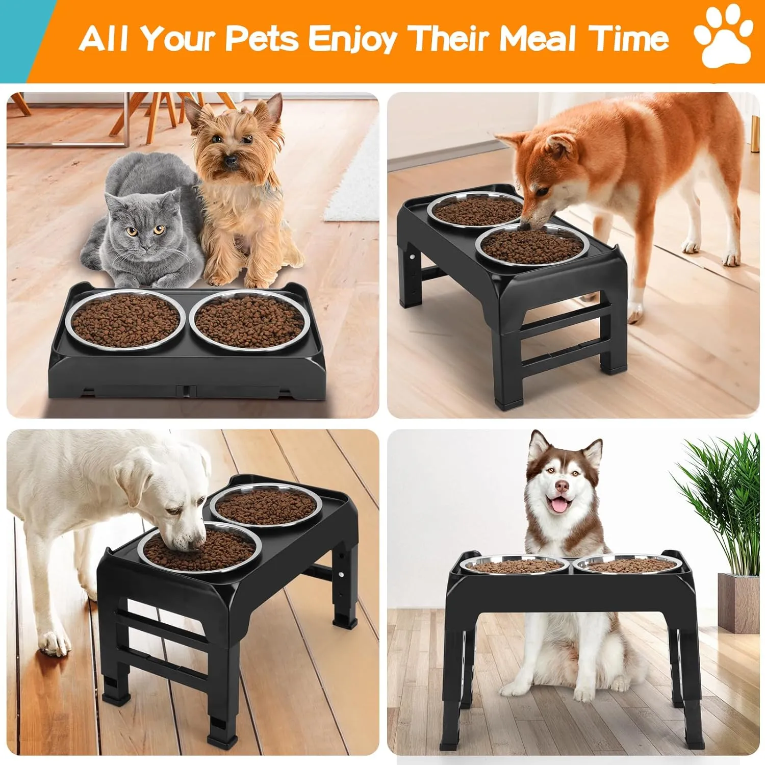 Elevated Dog Bowls, 4 Height Adjustable Raised Bowl Stand with 2 Thick 50oz Stainless Steel Food Bowls Non-Slip Feeder Adjusts to 3.7'', 9.2'', 10.75'', 12.36'' Black, (DB-W01)