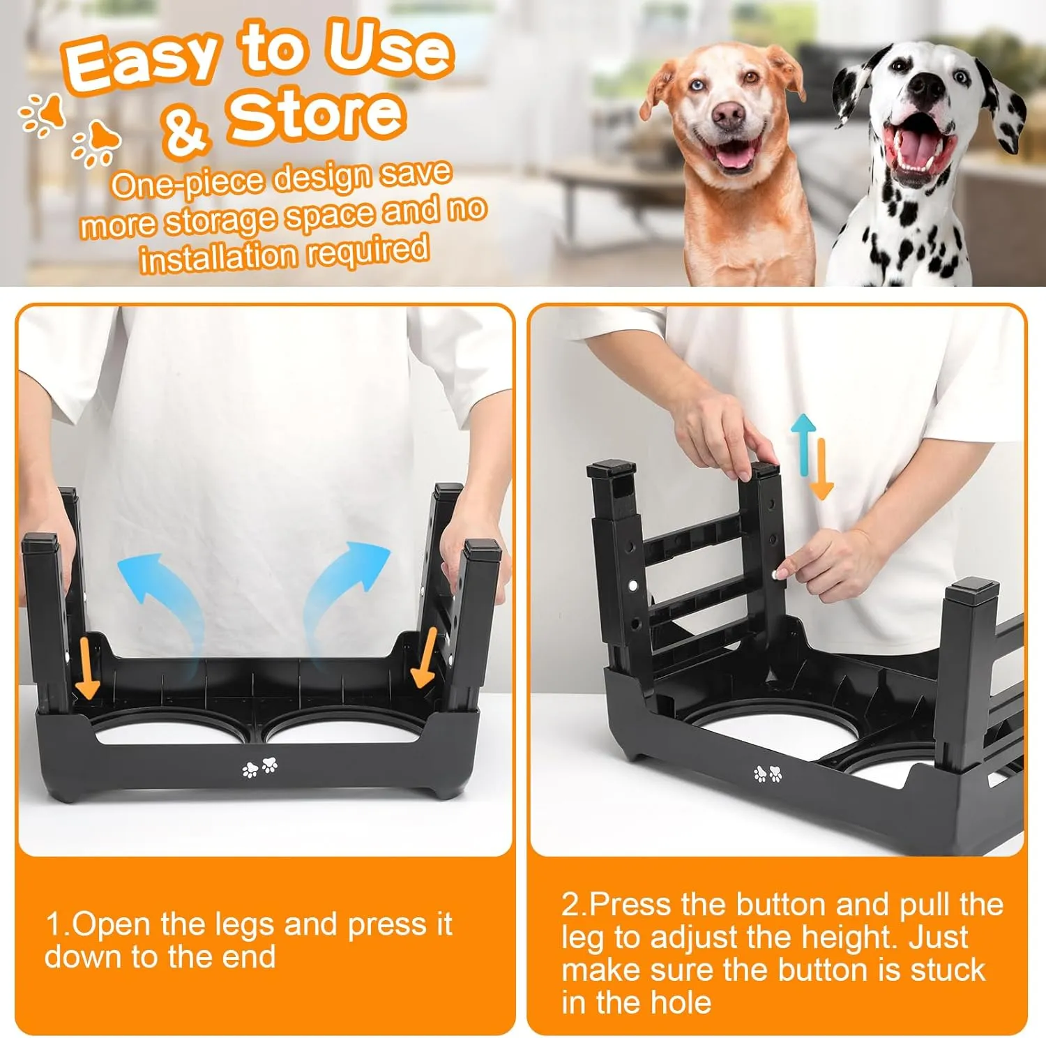 Elevated Dog Bowls, 4 Height Adjustable Raised Bowl Stand with 2 Thick 50oz Stainless Steel Food Bowls Non-Slip Feeder Adjusts to 3.7'', 9.2'', 10.75'', 12.36'' Black, (DB-W01)