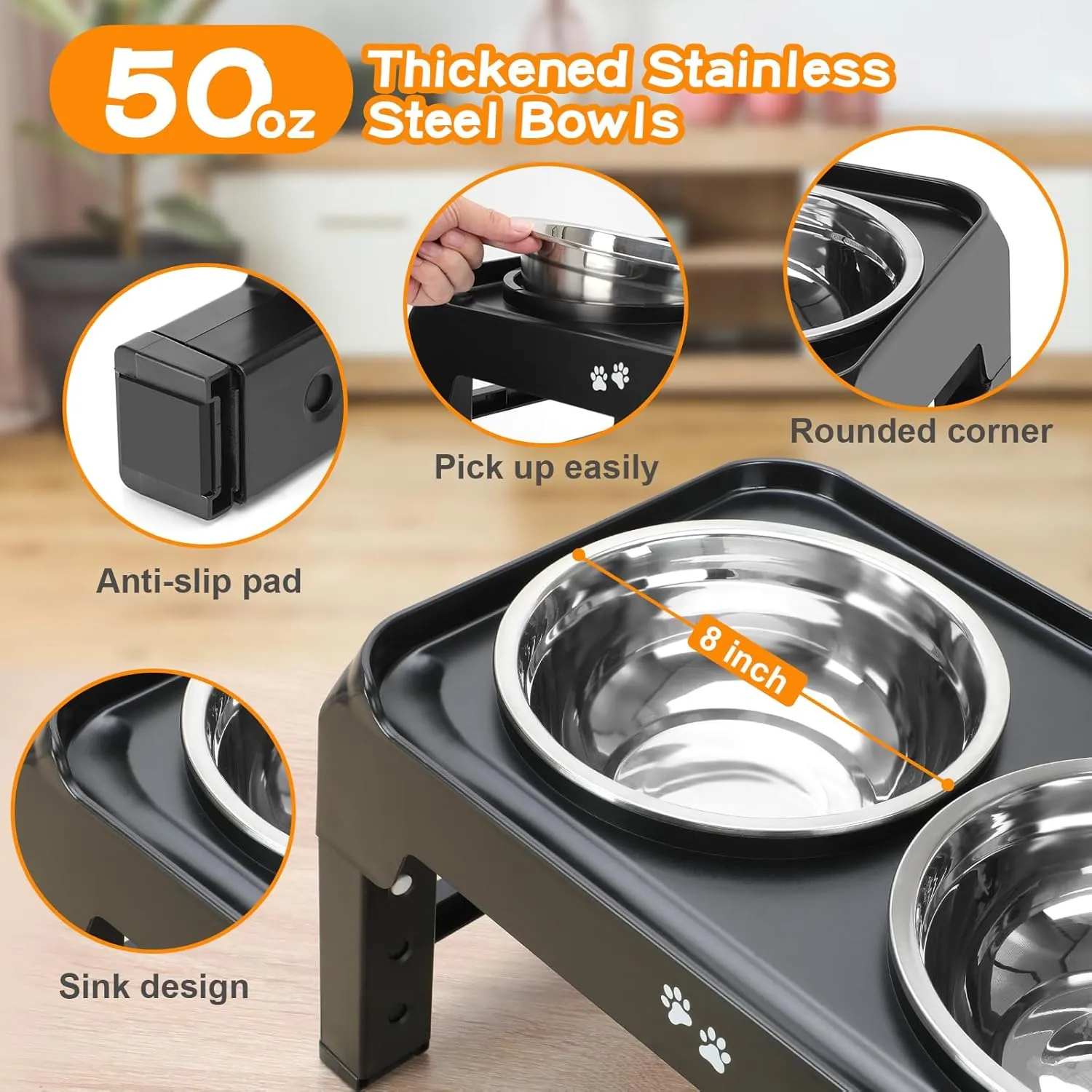 Elevated Dog Bowls, 4 Height Adjustable Raised Bowl Stand with 2 Thick 50oz Stainless Steel Food Bowls Non-Slip Feeder Adjusts to 3.7'', 9.2'', 10.75'', 12.36'' Black, (DB-W01)