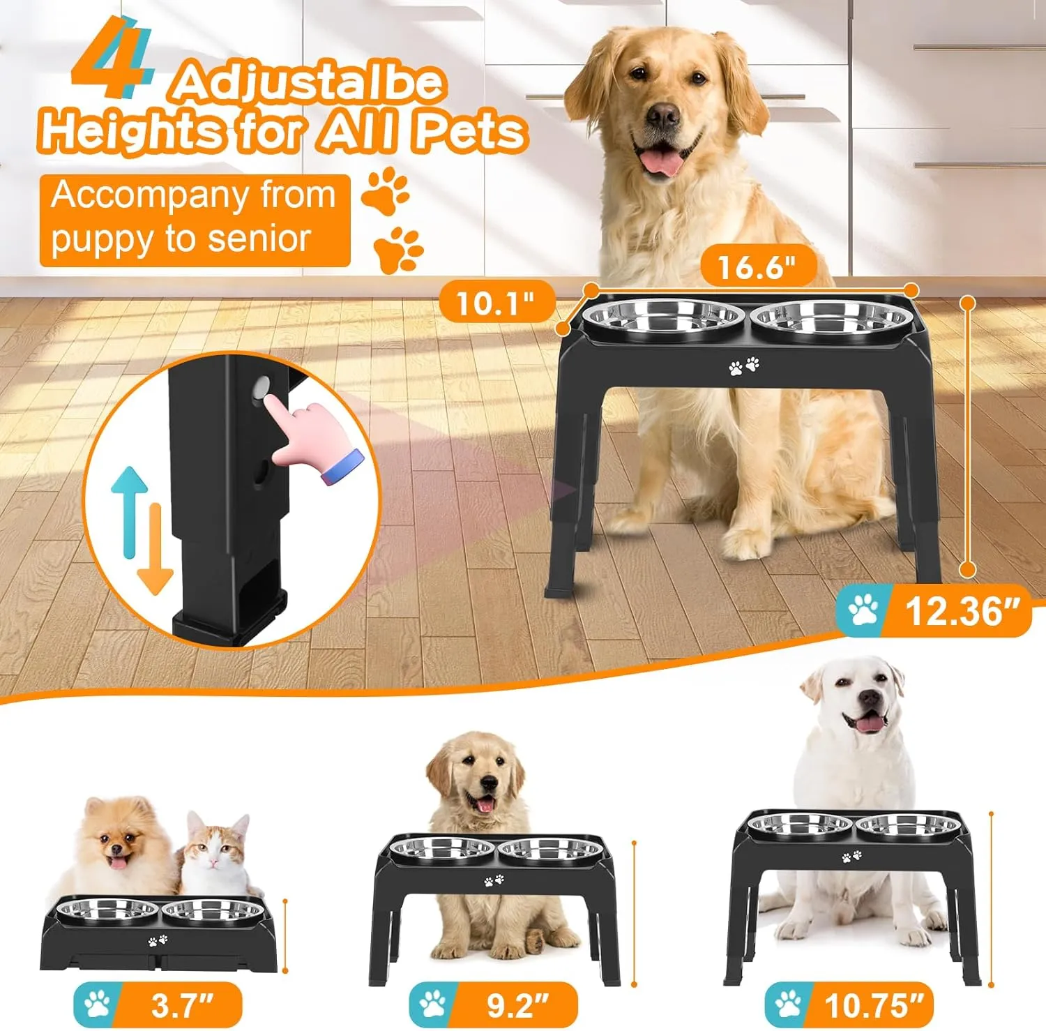 Elevated Dog Bowls, 4 Height Adjustable Raised Bowl Stand with 2 Thick 50oz Stainless Steel Food Bowls Non-Slip Feeder Adjusts to 3.7'', 9.2'', 10.75'', 12.36'' Black, (DB-W01)