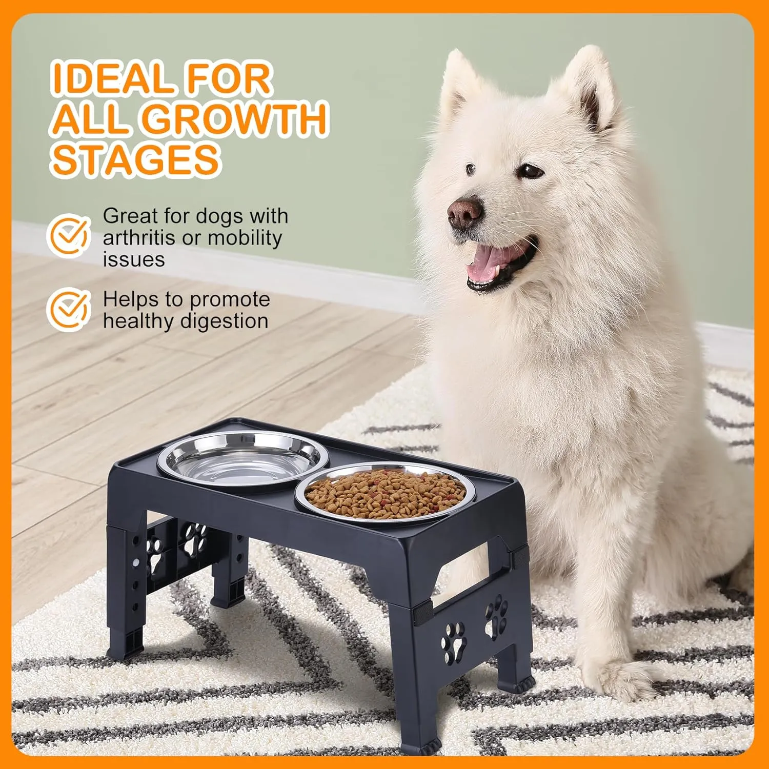 Elevated Dog Bowls, Raised Dog Bowl with 2 Stainless Steel Dog Food Bowls, Dog Bowls Stand Adjusts to 5 Heights 2.95", 8.46", 9.65", 10.82", 12.01" for Small Medium Large Dogs Cats Pets,Black