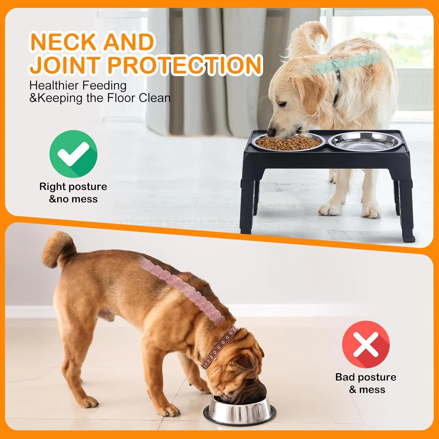 Elevated Dog Bowls, Raised Dog Bowl with 2 Stainless Steel Dog Food Bowls, Dog Bowls Stand Adjusts to 5 Heights 2.95", 8.46", 9.65", 10.82", 12.01" for Small Medium Large Dogs Cats Pets,Black