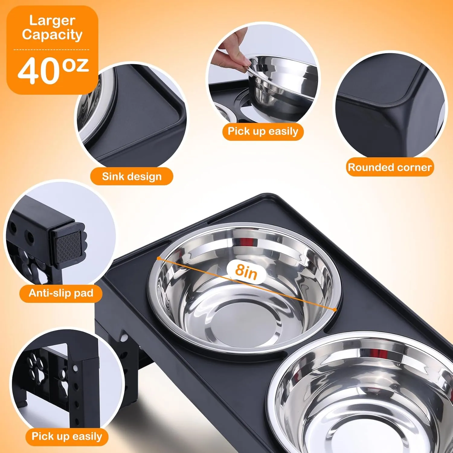 Elevated Dog Bowls, Raised Dog Bowl with 2 Stainless Steel Dog Food Bowls, Dog Bowls Stand Adjusts to 5 Heights 2.95", 8.46", 9.65", 10.82", 12.01" for Small Medium Large Dogs Cats Pets,Black