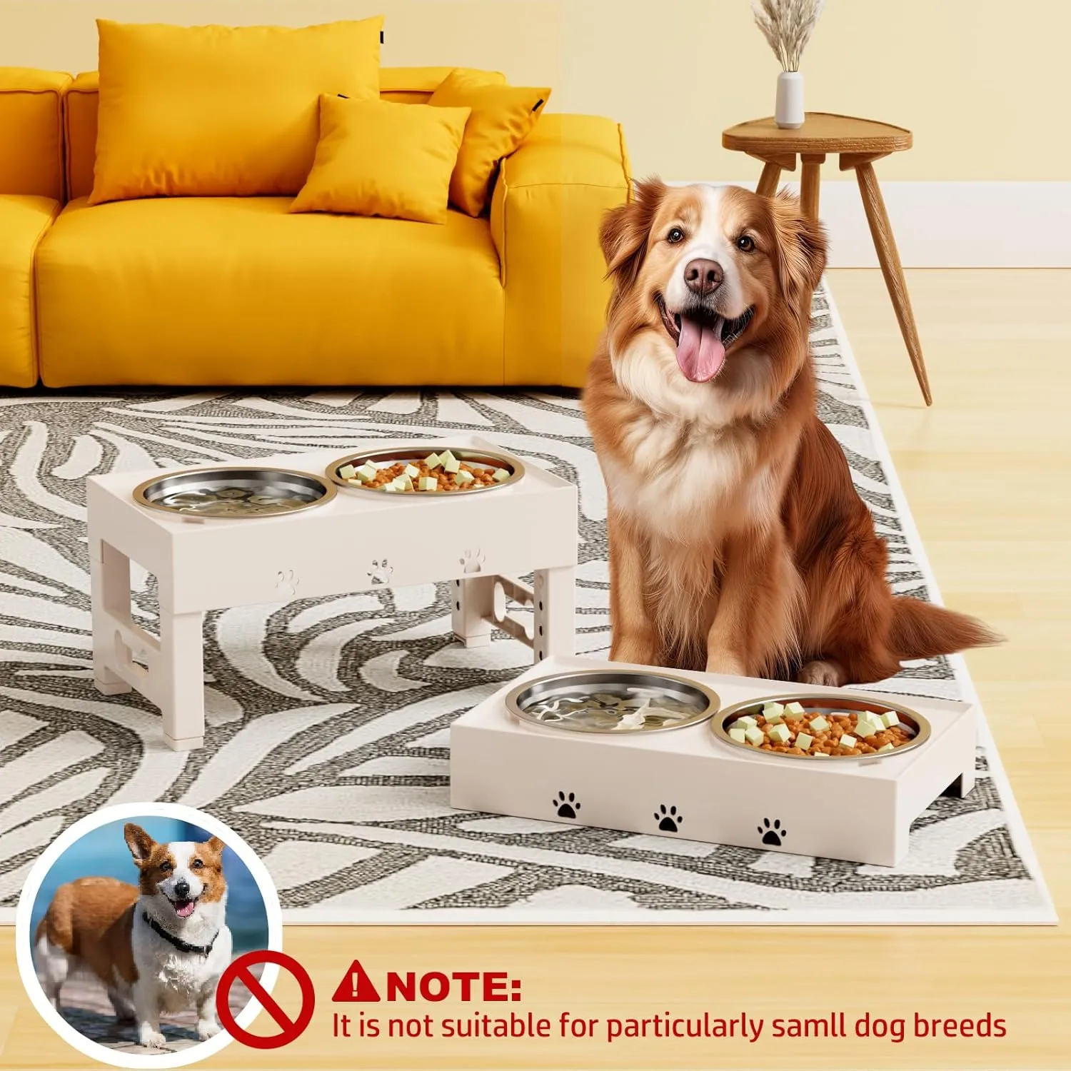 Elevated Dog Bowls with 2 Stainless Steel Bowls, Raised Dog Food Bowl Stand 5 Height Adjustable (3.1", 9", 10", 11", 12") Non-Slip Feeder Set for Medium and Large Dogs - Apricot