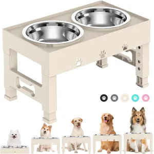 Elevated Dog Bowls with 2 Stainless Steel Bowls, Raised Dog Food Bowl Stand 5 Height Adjustable (3.1", 9", 10", 11", 12") Non-Slip Feeder Set for Medium and Large Dogs - Apricot