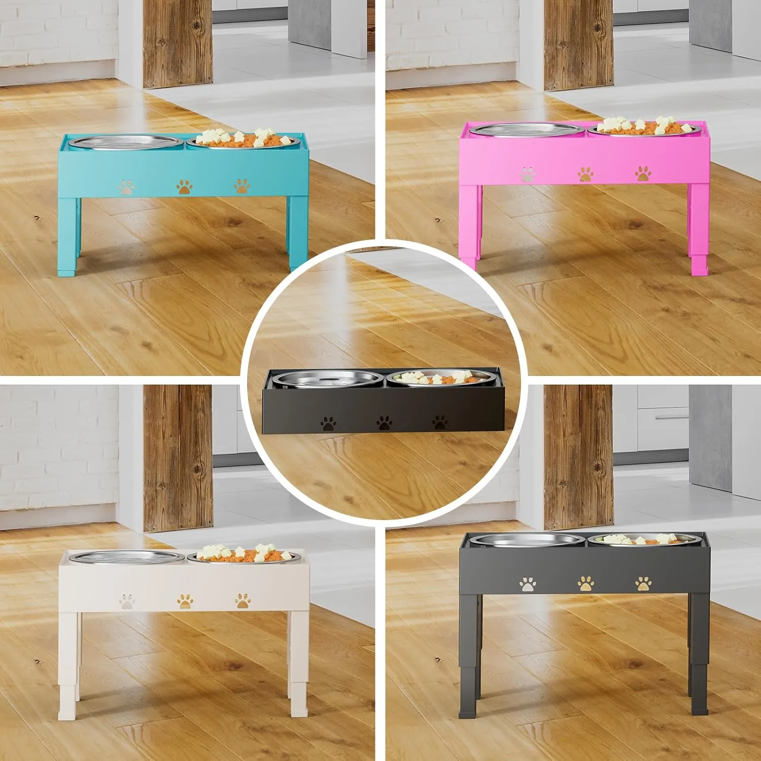 Elevated Dog Bowls with 2 Stainless Steel Bowls, Raised Dog Food Bowl Stand 5 Height Adjustable (3.1", 9", 10", 11", 12") Non-Slip Feeder Set for Medium and Large Dogs - Apricot