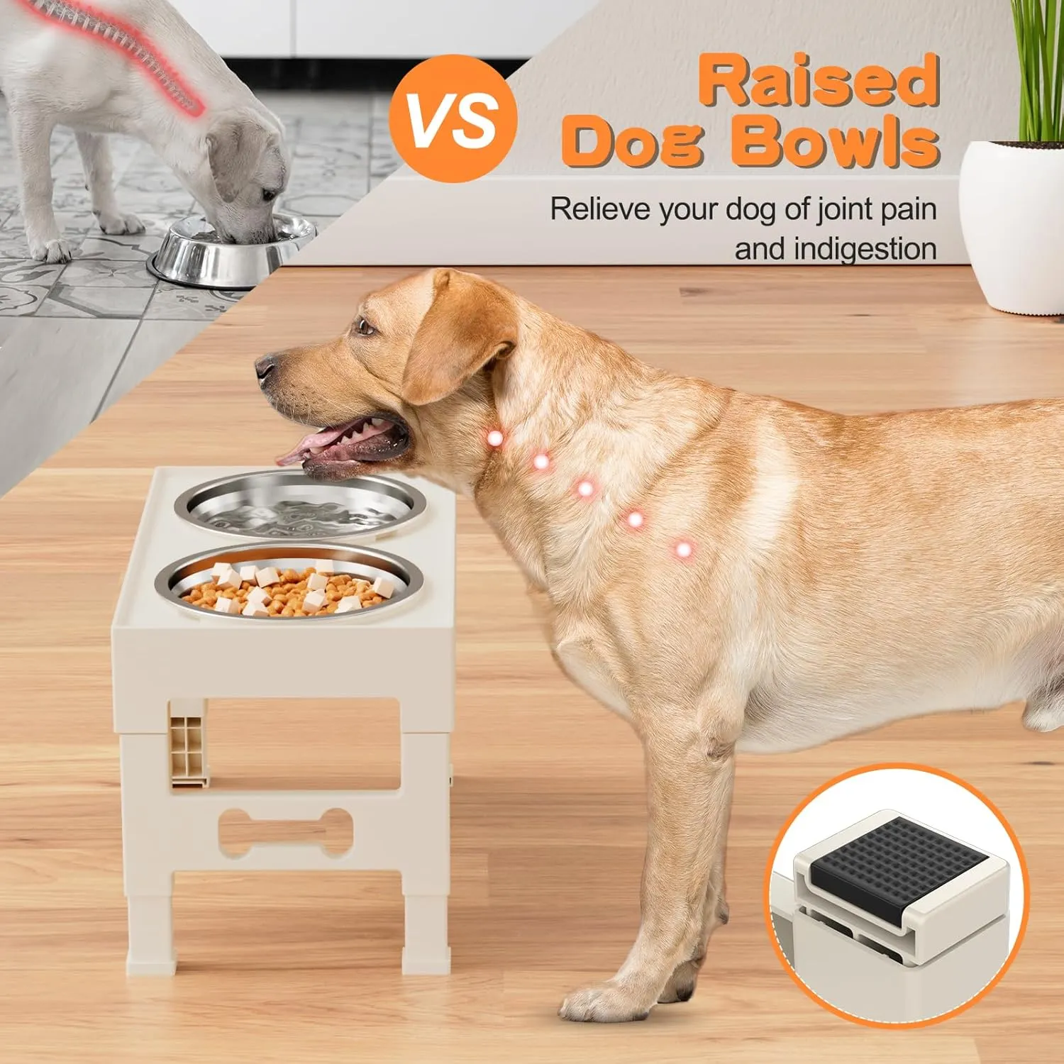 Elevated Dog Bowls with 2 Stainless Steel Bowls, Raised Dog Food Bowl Stand 5 Height Adjustable (3.1", 9", 10", 11", 12") Non-Slip Feeder Set for Medium and Large Dogs - Apricot