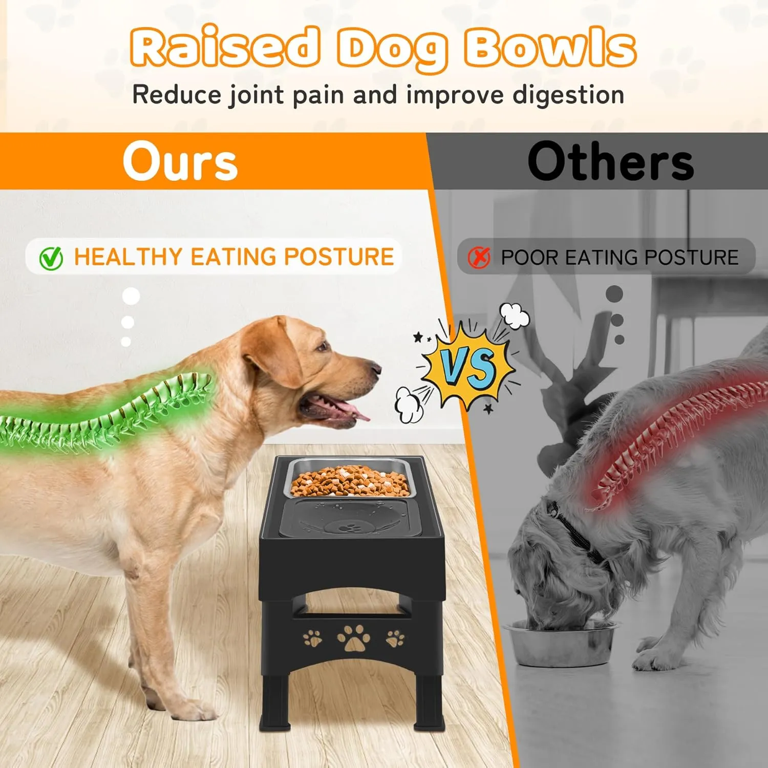 Elevated Dog Bowls with No Spill Dog Water Bowl, Raised Stainless Steel Dog Food Bowl for Large Medium Small Dogs, Non-Slip Dog Bowl Stand, 4 Heights 3.7", 8.5", 10.1", 11.7",Black