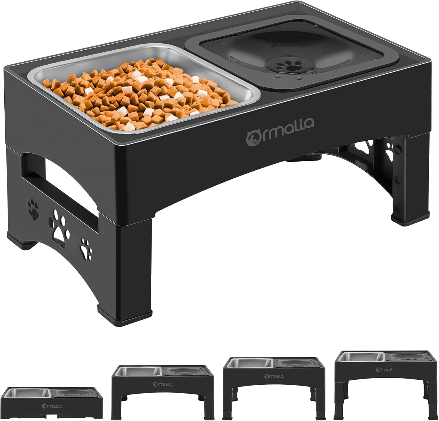 Elevated Dog Bowls with No Spill Dog Water Bowl, Raised Stainless Steel Dog Food Bowl for Large Medium Small Dogs, Non-Slip Dog Bowl Stand, 4 Heights 3.7", 8.5", 10.1", 11.7",Black