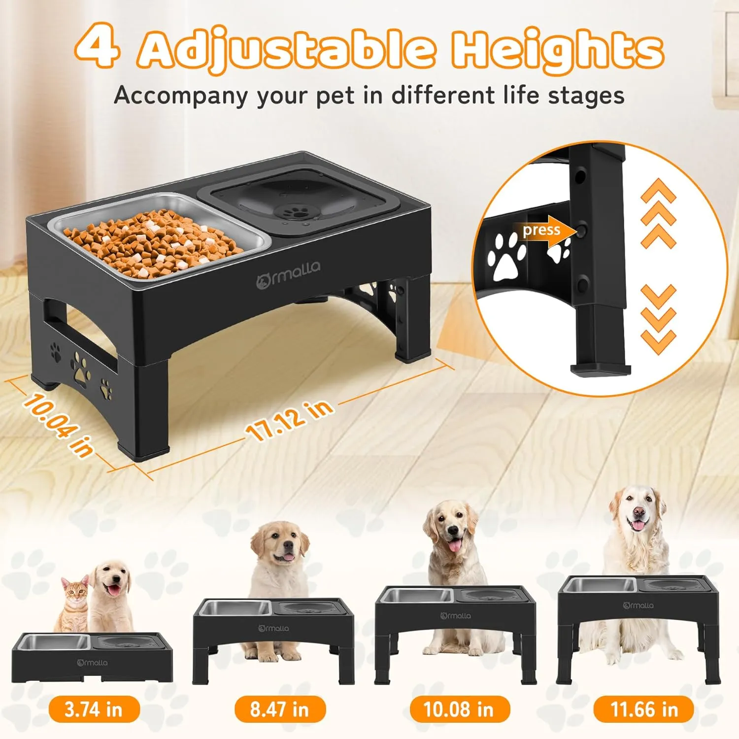 Elevated Dog Bowls with No Spill Dog Water Bowl, Raised Stainless Steel Dog Food Bowl for Large Medium Small Dogs, Non-Slip Dog Bowl Stand, 4 Heights 3.7", 8.5", 10.1", 11.7",Black