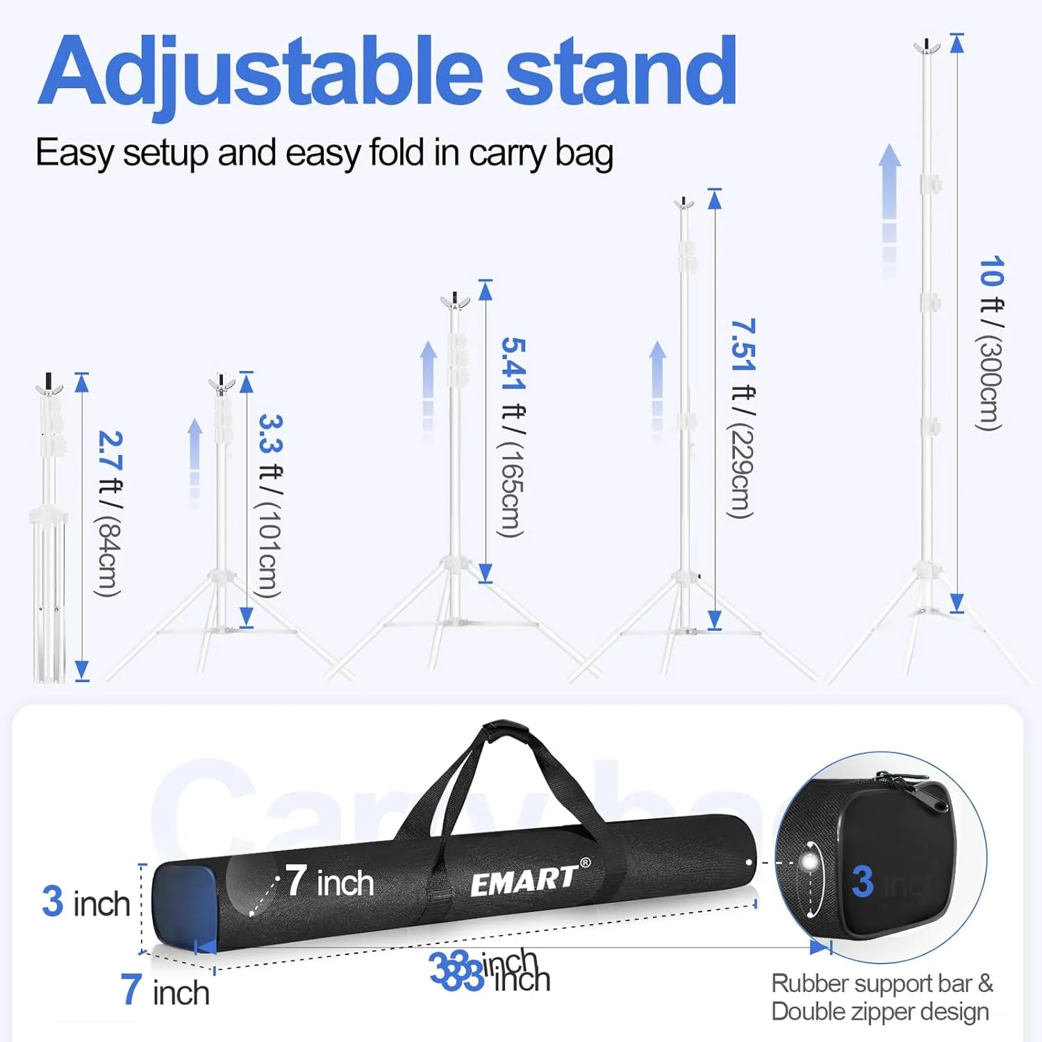 EMART Backdrop Stand 10x10ft(WxH) Photo Studio Adjustable Background Stand Support kit with 2 Crossbars, 8 Clamps, 2 Sandbags and Carry Bag for Parties, Events Decoration, Wedding, Photography -White