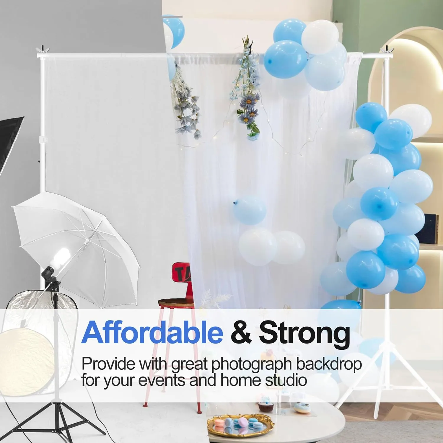 EMART Backdrop Stand 10x10ft(WxH) Photo Studio Adjustable Background Stand Support kit with 2 Crossbars, 8 Clamps, 2 Sandbags and Carry Bag for Parties, Events Decoration, Wedding, Photography -White