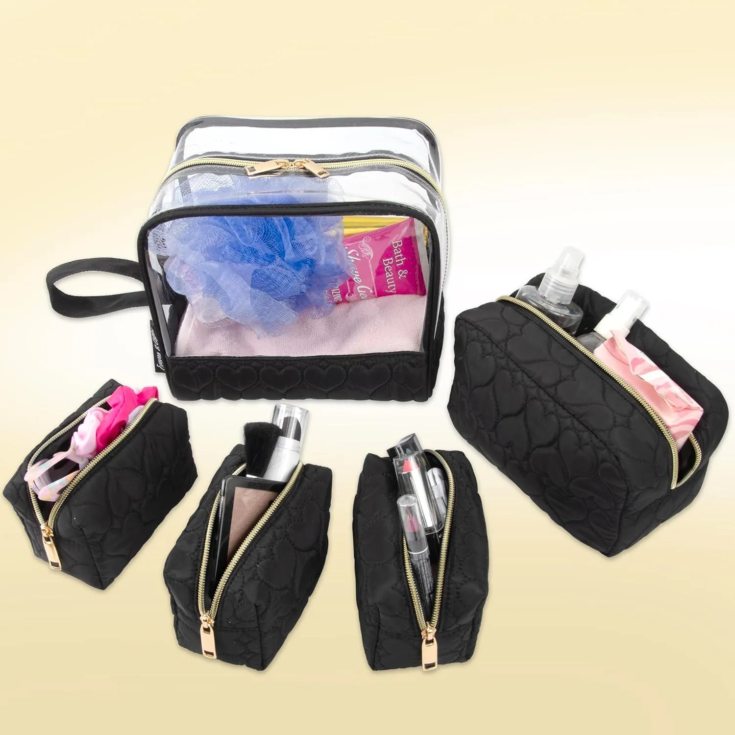 Emma & Chloe Travel Toiletry Bags for Women, 5 Piece Waterproof Cosmetic Case, Bag, Pouch Makeup Organizer Set for Women, Home Counters (Quilted Black Hearts)