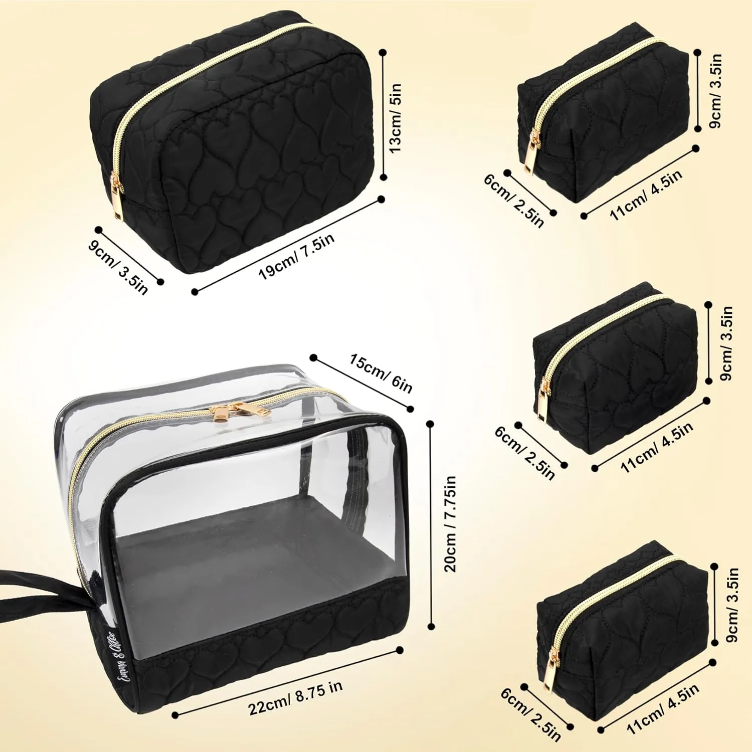 Emma & Chloe Travel Toiletry Bags for Women, 5 Piece Waterproof Cosmetic Case, Bag, Pouch Makeup Organizer Set for Women, Home Counters (Quilted Black Hearts)