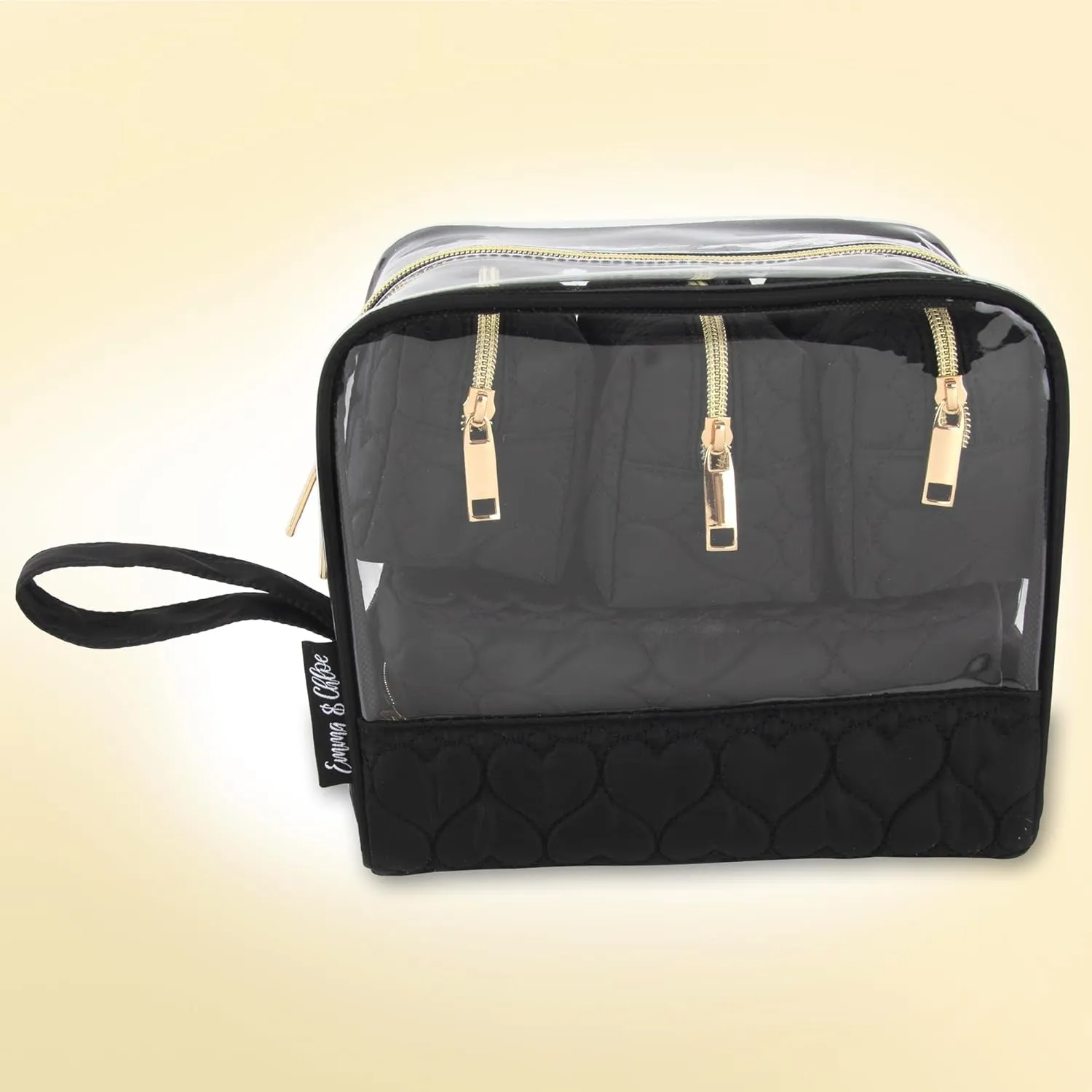 Emma & Chloe Travel Toiletry Bags for Women, 5 Piece Waterproof Cosmetic Case, Bag, Pouch Makeup Organizer Set for Women, Home Counters (Quilted Black Hearts)