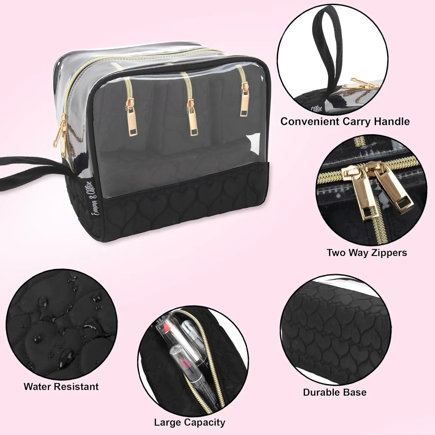 Emma & Chloe Travel Toiletry Bags for Women, 5 Piece Waterproof Cosmetic Case, Bag, Pouch Makeup Organizer Set for Women, Home Counters (Quilted Black Hearts)