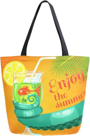 Enjoy Summer Octopus Canvas Tote Bag tags) Woman Beach Bag (Shoulder Bag School Had Bag Large Reusable Handbag Lightweight for Shopping Grocery Travel Holiday Gift