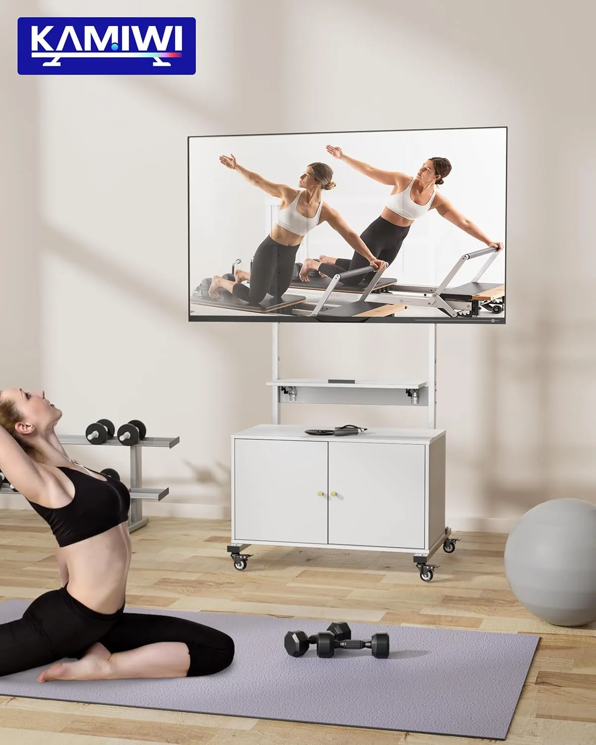 Entertainment Center with TV Mount,Rolling TV Stand with Storage Suitable for 32-75in Screen,TV Floor Stand on Wheels with Foldable Table,Height Adjustable Mobile TV Stand for Outdoor and Living Room