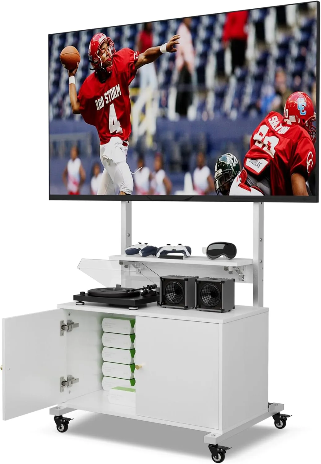 Entertainment Center with TV Mount,Rolling TV Stand with Storage Suitable for 32-75in Screen,TV Floor Stand on Wheels with Foldable Table,Height Adjustable Mobile TV Stand for Outdoor and Living Room