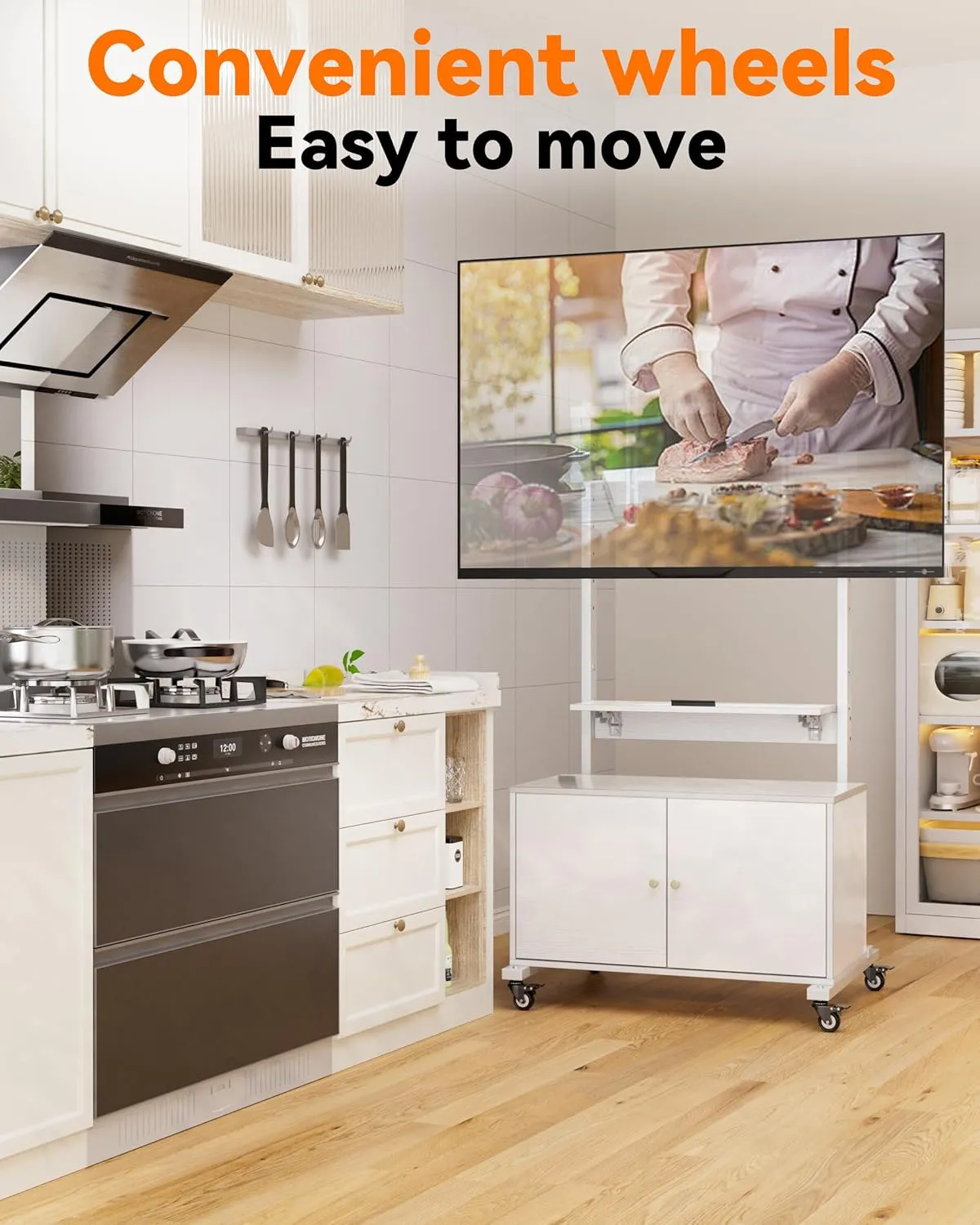 Entertainment Center with TV Mount,Rolling TV Stand with Storage Suitable for 32-75in Screen,TV Floor Stand on Wheels with Foldable Table,Height Adjustable Mobile TV Stand for Outdoor and Living Room