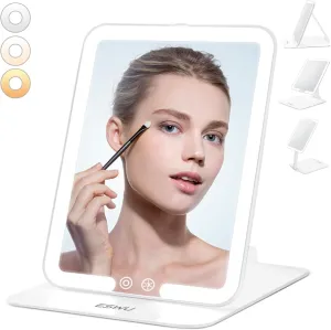 ESWU Travel Makeup Mirror with Light, Portable Folding Make Up Tabletop Mirror with 58 LEDs 3 Colors Light Modes Rechargable Compact Vanity Mirror with Adjustable Stand (White)