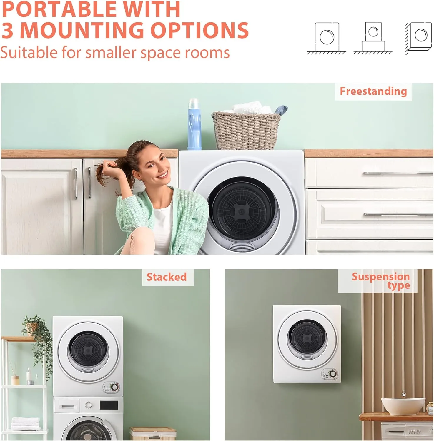 Euhomy 110V Portable Clothes Dryer 850W Compact Laundry Dryers 1.5 cu.ft Front Load Stainless Steel Electric Dryers Machine with Stainless Steel Tub for Apartment,RVs,Dorms,White Easy Control