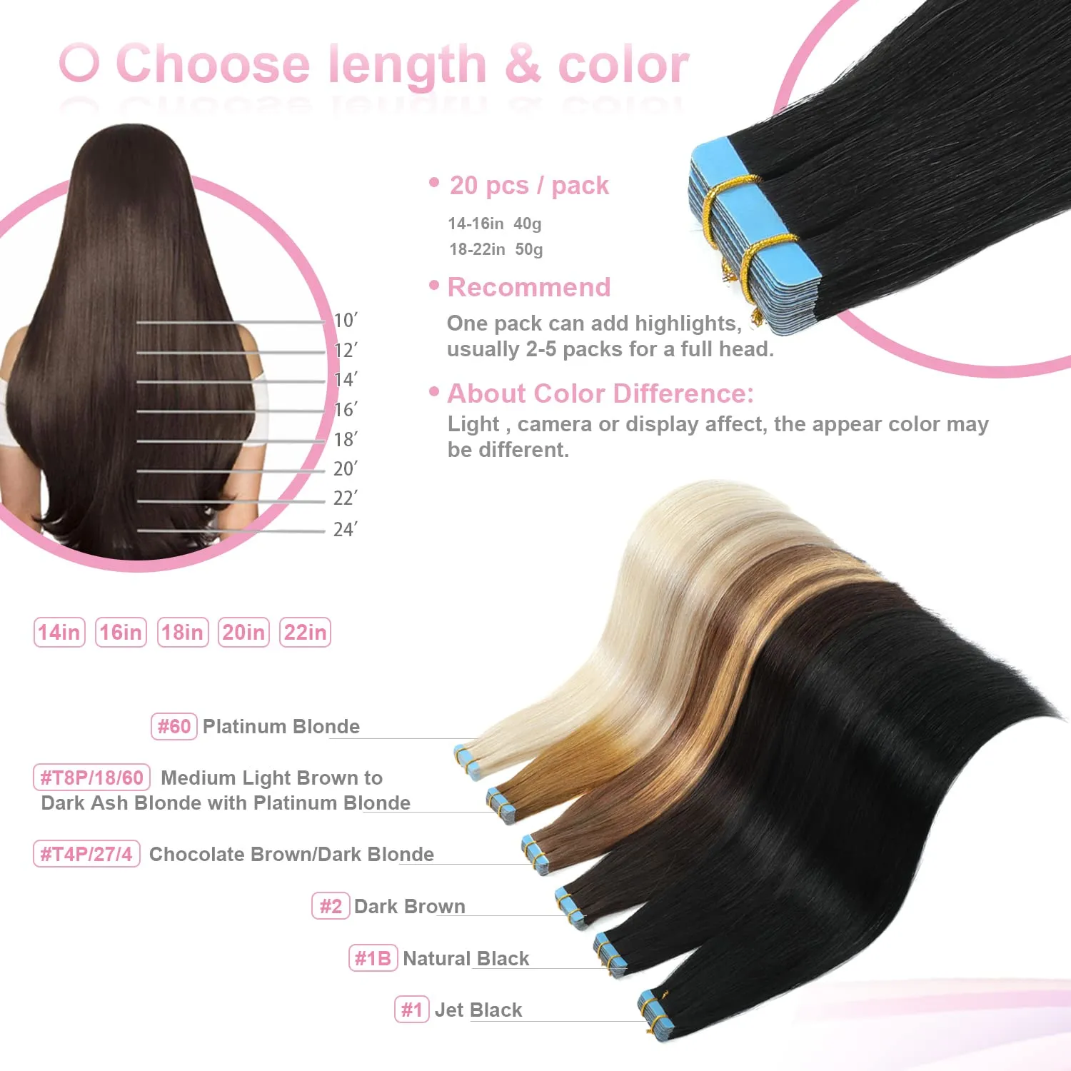 Evala Jet Black Remy Hair Extensions - 20pcs 40g Straight Tape in Human Natural Hair, 14 Inch