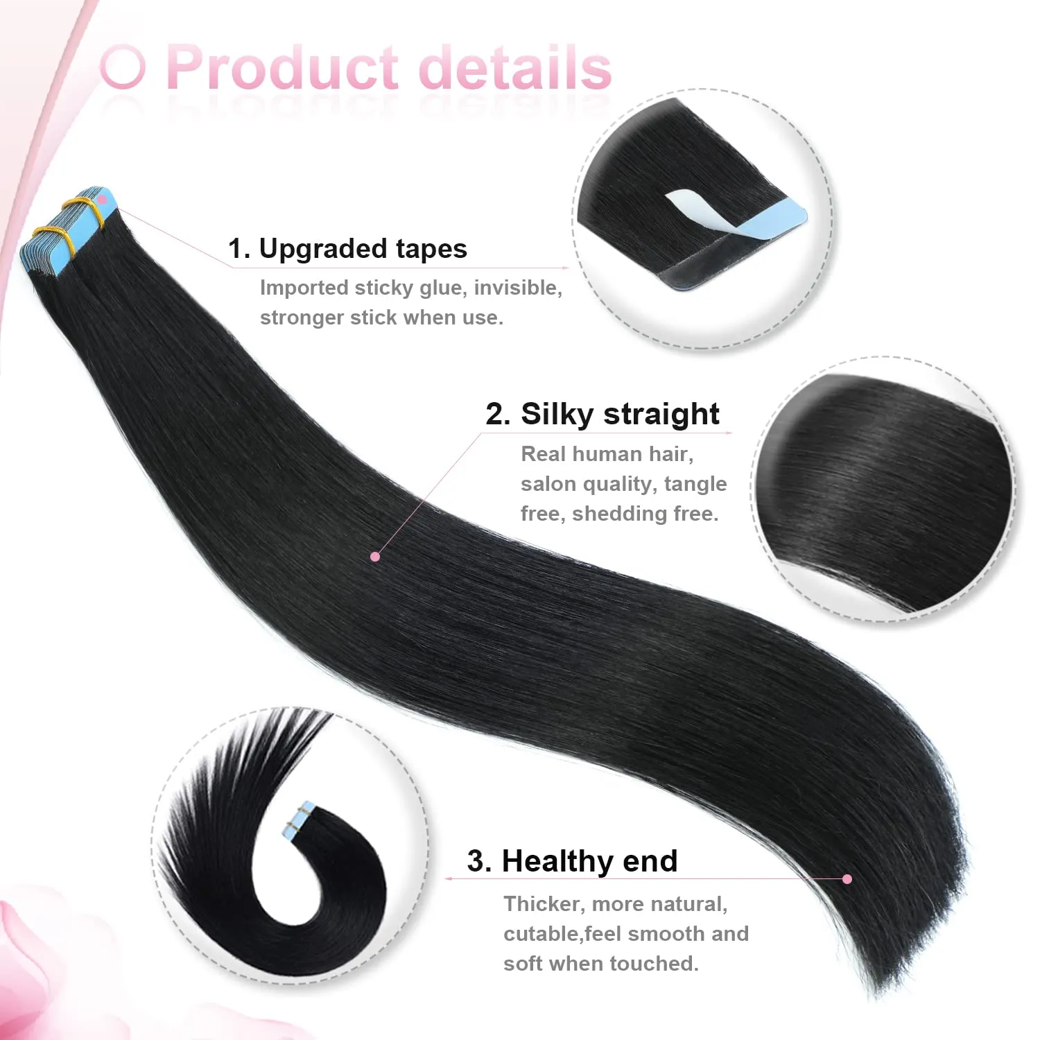 Evala Jet Black Remy Hair Extensions - 20pcs 40g Straight Tape in Human Natural Hair, 14 Inch