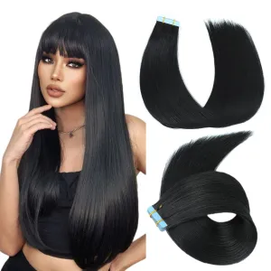 Evala Jet Black Remy Hair Extensions - 20pcs 40g Straight Tape in Human Natural Hair, 14 Inch