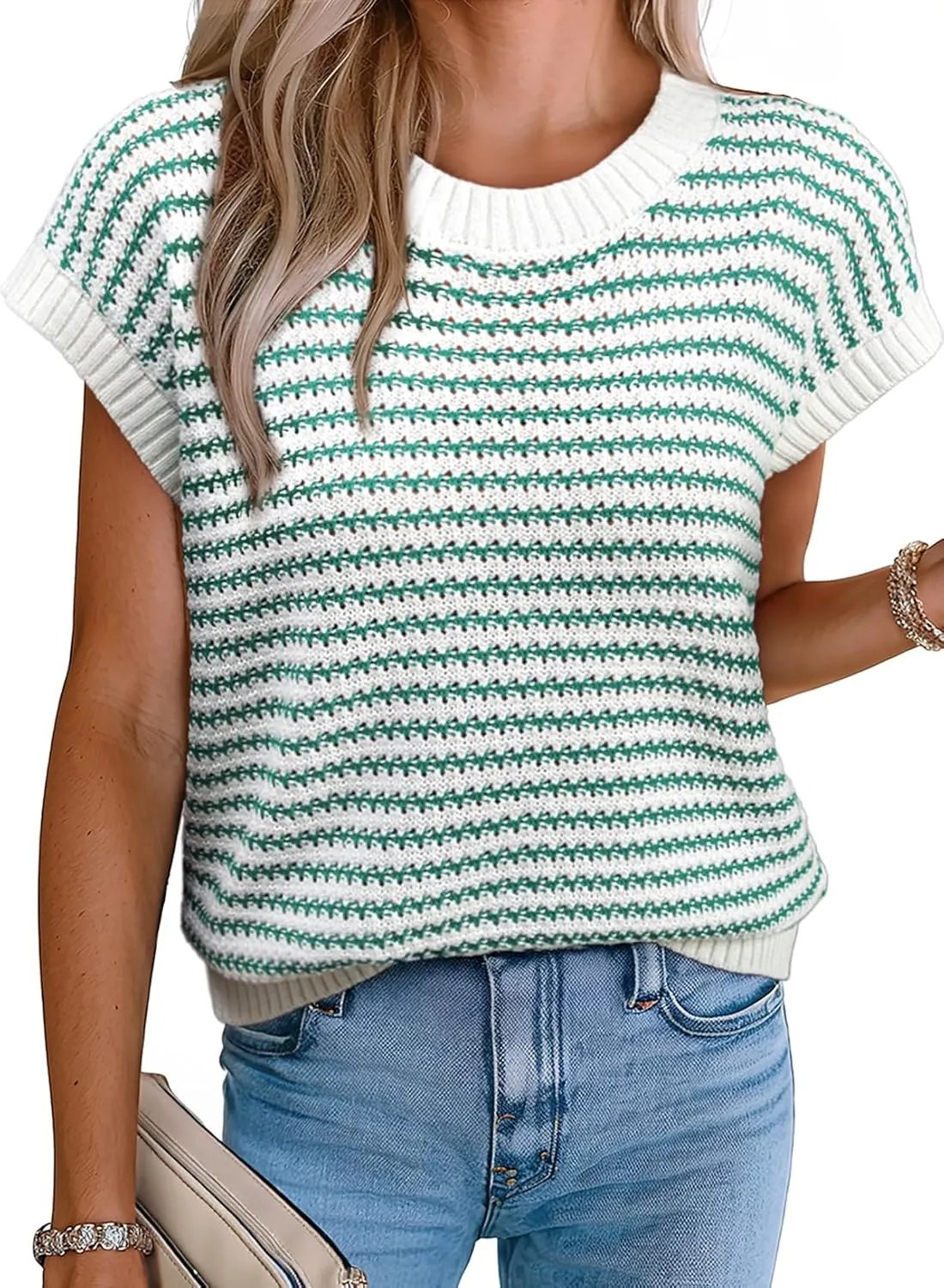 EVALESS Women's Sweater Vest Striped Pullover Tank Top Round Neck Cap Sleeve Lightweight 2025 Summer Casual Clothes