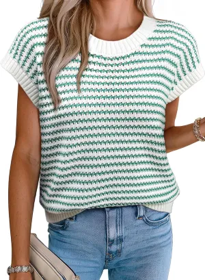 EVALESS Women's Sweater Vest Striped Pullover Tank Top Round Neck Cap Sleeve Lightweight 2025 Summer Casual Clothes