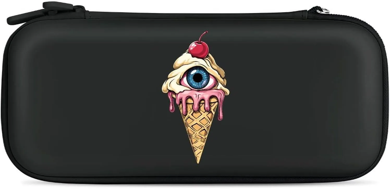 Eyeball Peeping Ice Cream Cone Hard Shell Travel Case with Rope 15 Game Card Pockets Compatible with Switch Protective