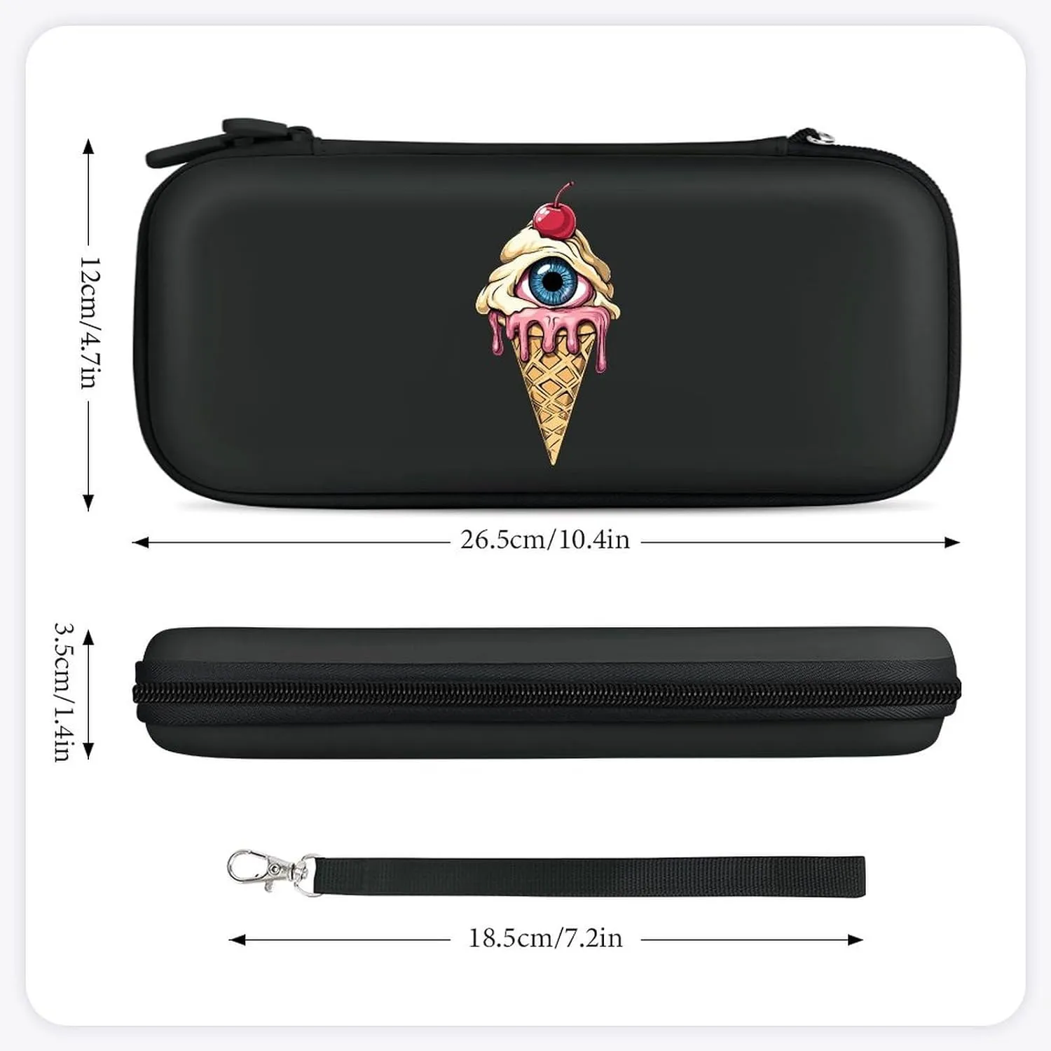 Eyeball Peeping Ice Cream Cone Hard Shell Travel Case with Rope 15 Game Card Pockets Compatible with Switch Protective