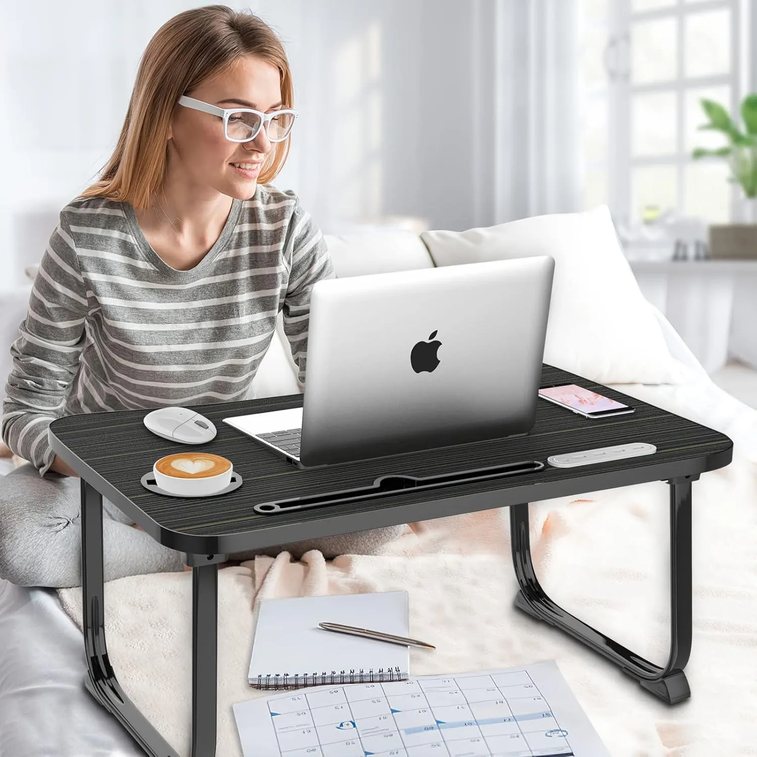 Fayquaze Laptop Bed Desk, Portable Foldable Laptop Bed Table with USB Charge Port Storage Drawer and Cup Holder, Lap Desk Notebook Stand Tray Table Serving Tray for Eating, Reading and Working