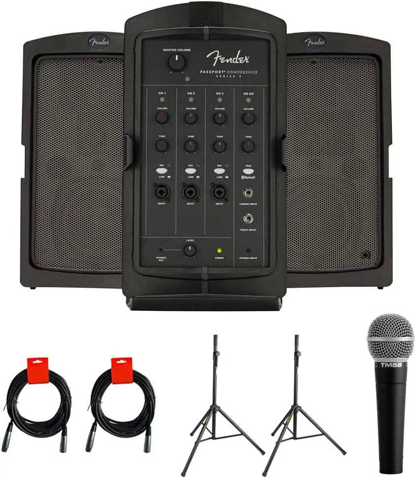 Fender Passport Conference Series 2 Portable 175W Powered PA System with Vocal Microphone, 2X Speaker Stand & 2X XLR Cable Bundle
