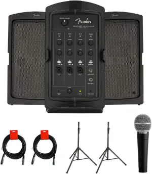 Fender Passport Conference Series 2 Portable 175W Powered PA System with Vocal Microphone, 2X Speaker Stand & 2X XLR Cable Bundle