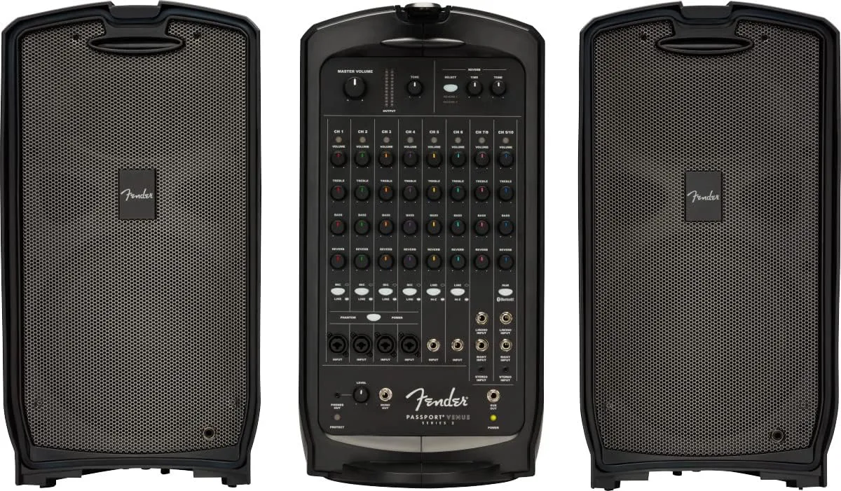 Fender Passport Venue S2 Portable PA System Bundle with Compact Speaker Stands, Microphone, Mic Stand Clip, XLR Cable, and Instrument Cable